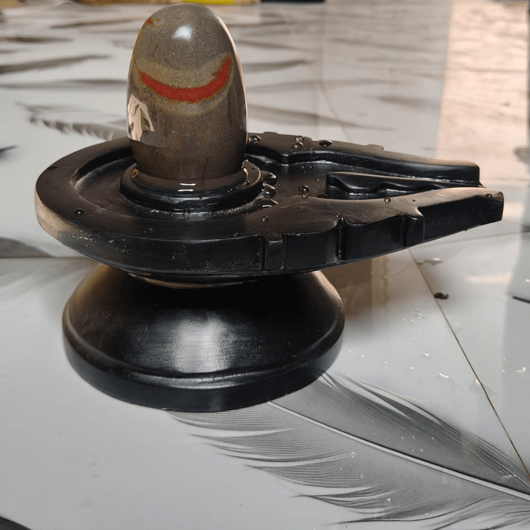 5” Natural Grey Narmadeshwar Shivling with Divine Red Tilak Pattern & 10” Premium Black Jaladhari Base