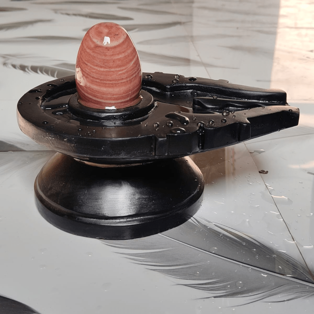 5” Premium Pink Ring Pattern Narmadeshwar Shivling with 10” Black Jaladhari Base – Natural Layer Stone Finish