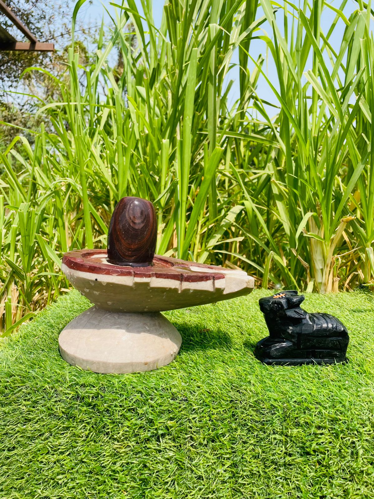 Divine Black Stone 4-inch Shivling, an 8-inch Jaladhari, Set with 4-inch Nandi Ji