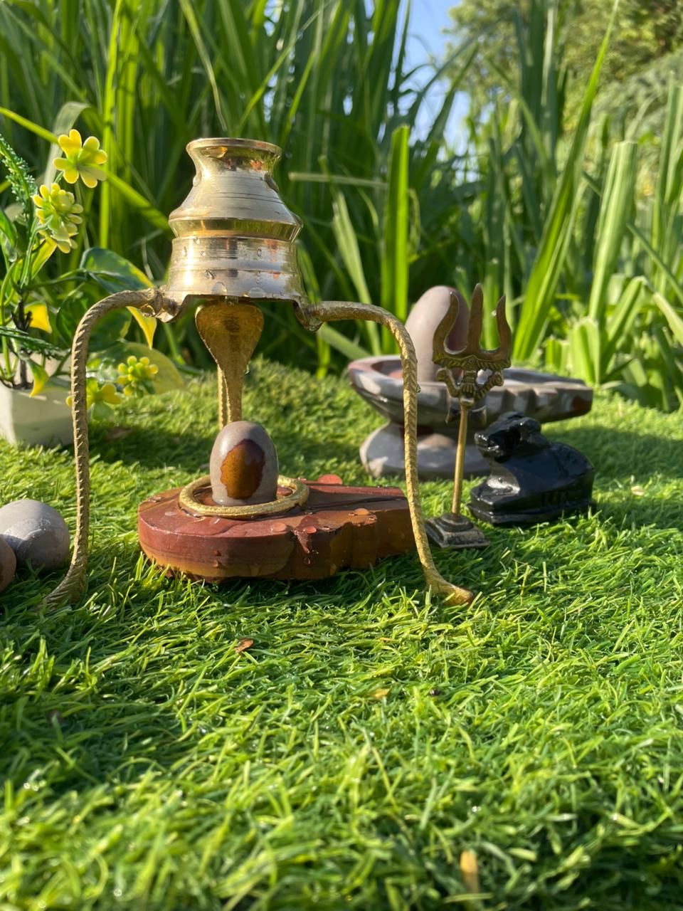 2 Inch Natural Narmadeshwar Shivling Set with Brass Jaladhari Stand