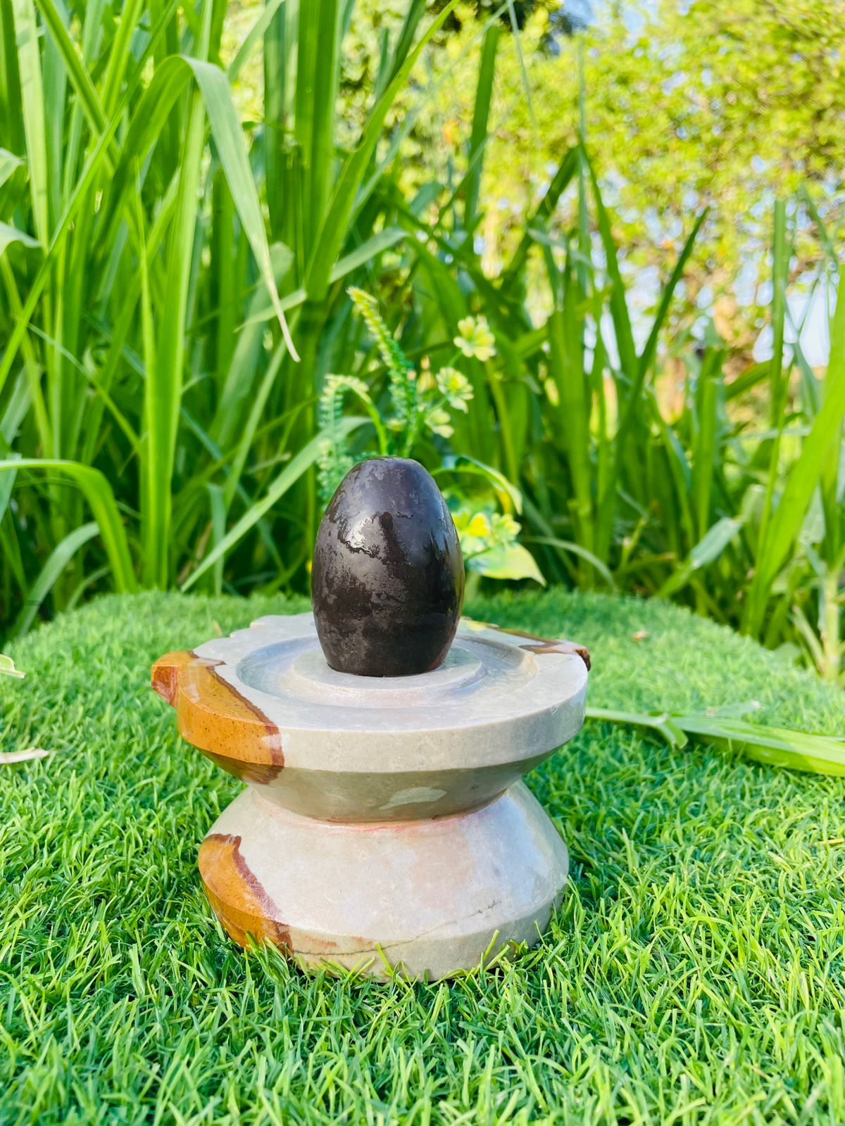 2.5 Inch Black Narmadeshwar Shivling with 5 Inch Designer Jaladhari