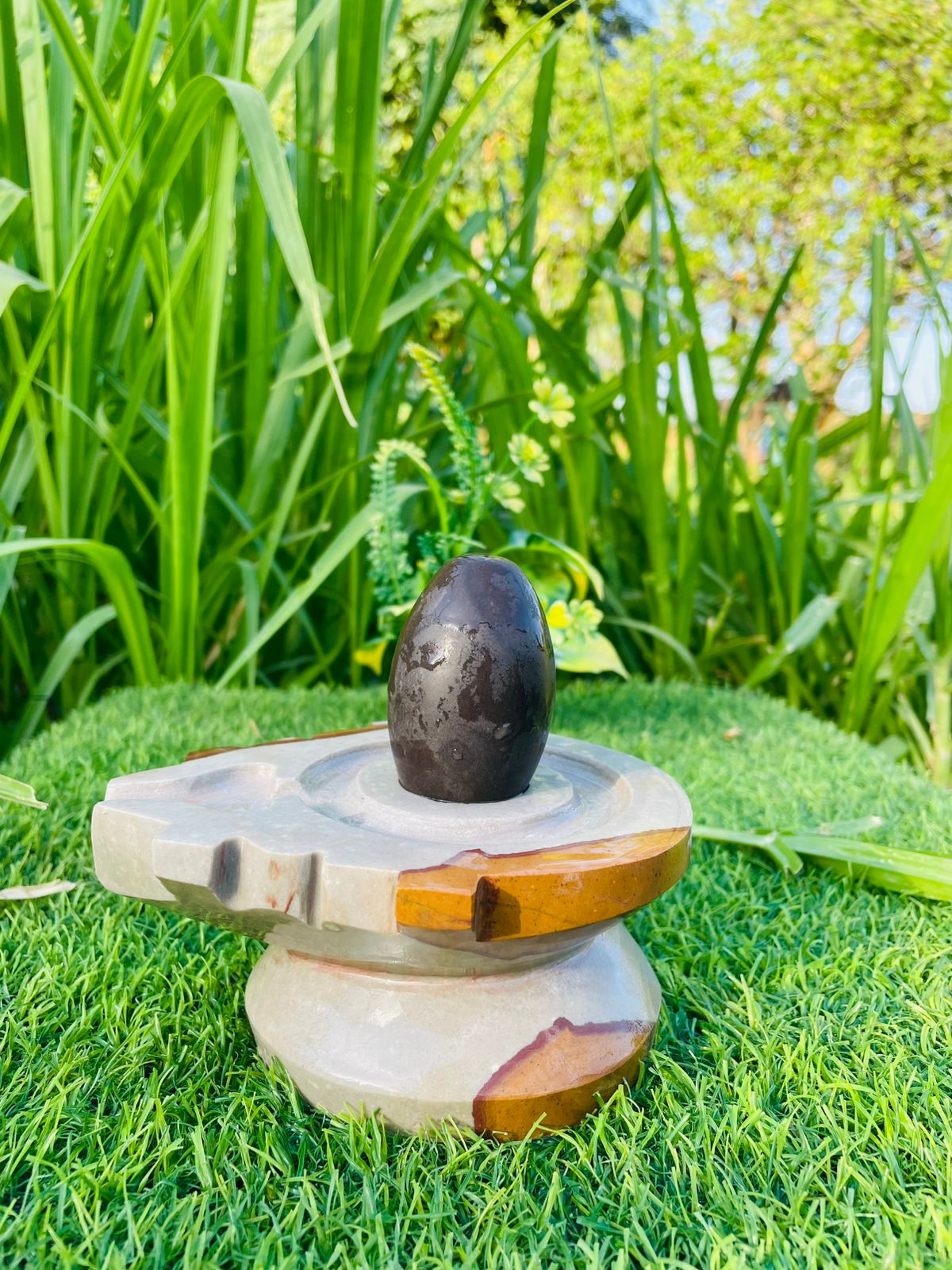 2.5 Inch Black Narmadeshwar Shivling with 5 Inch Marble Jaladhari