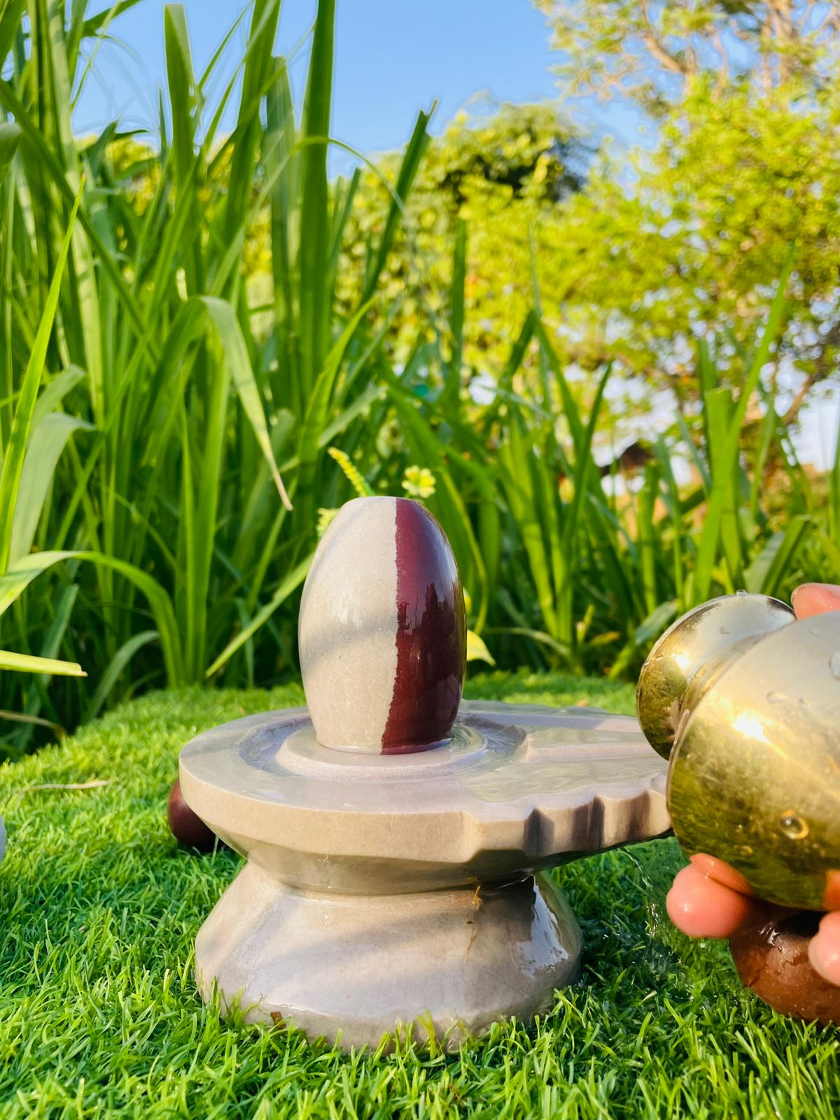 3 Inch Original Narmadeshwar Shivling with 6 Inch Premium Jaladhari – Half Red Sacred Stone