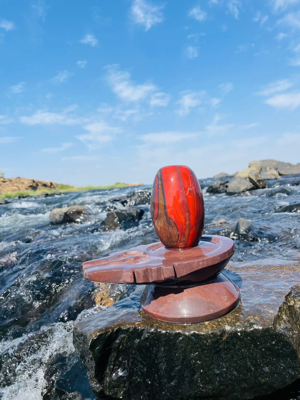 4 Inch Red Vein Narmadeshwar Shivling with 8 Inch Premium Jaladhari – Handcrafted Divine Stone
