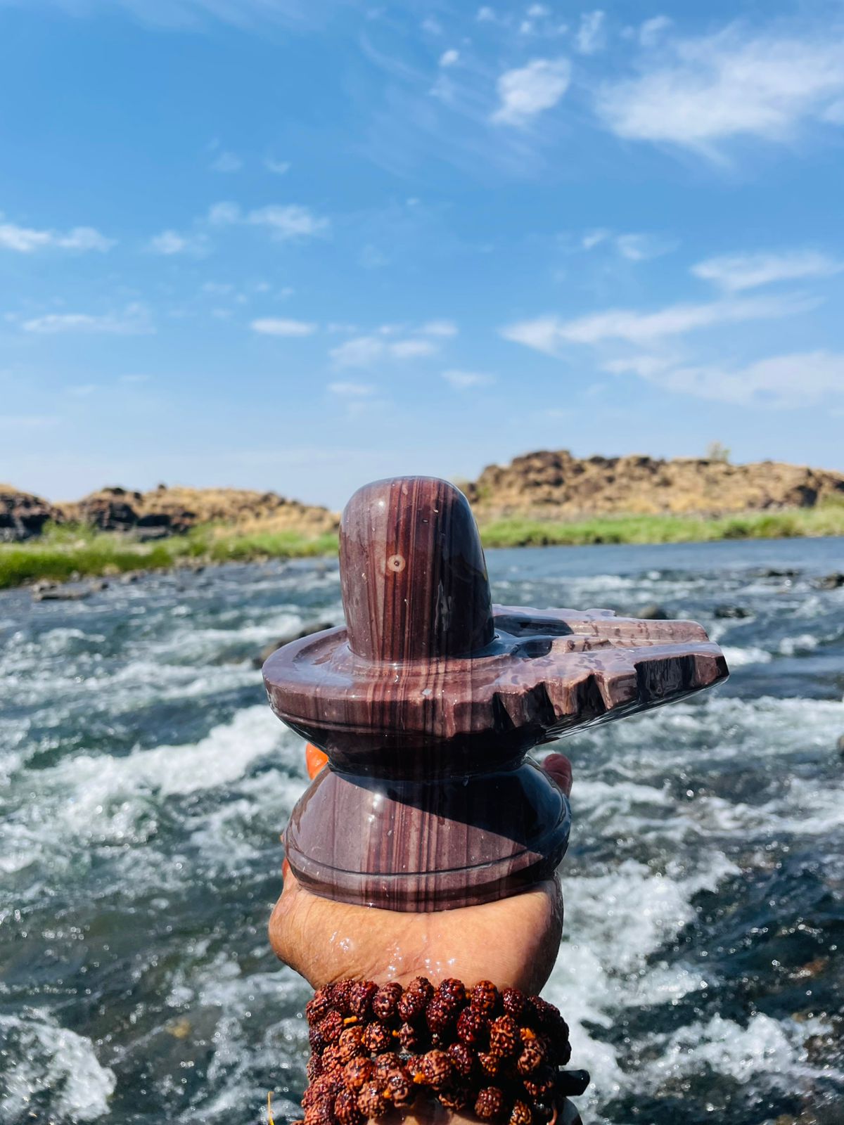 4 Inch Striped Narmadeshwar Shivling with 8 Inch Designer Jaladhari – Premium Natural Stone Shivling