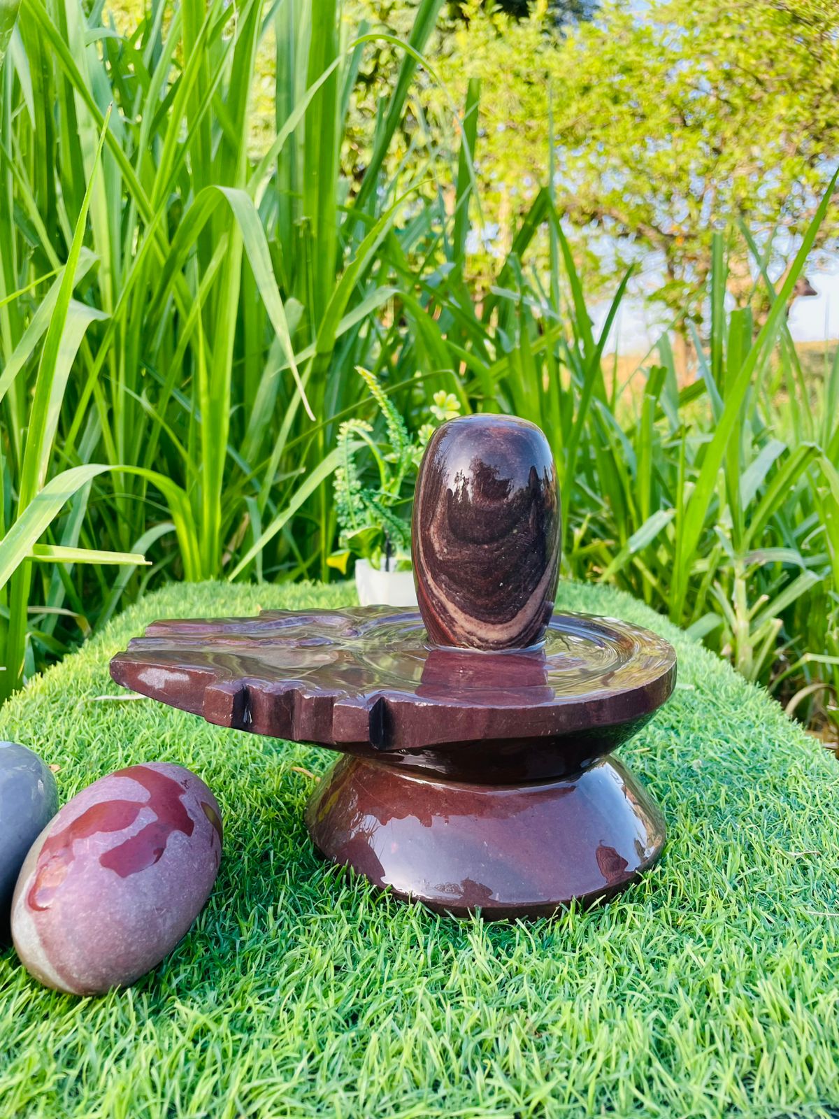 4 Inch Brown Marble Narmadeshwar Shivling with 8 Inch Premium Jaladhari – Handmade Sacred Shivling