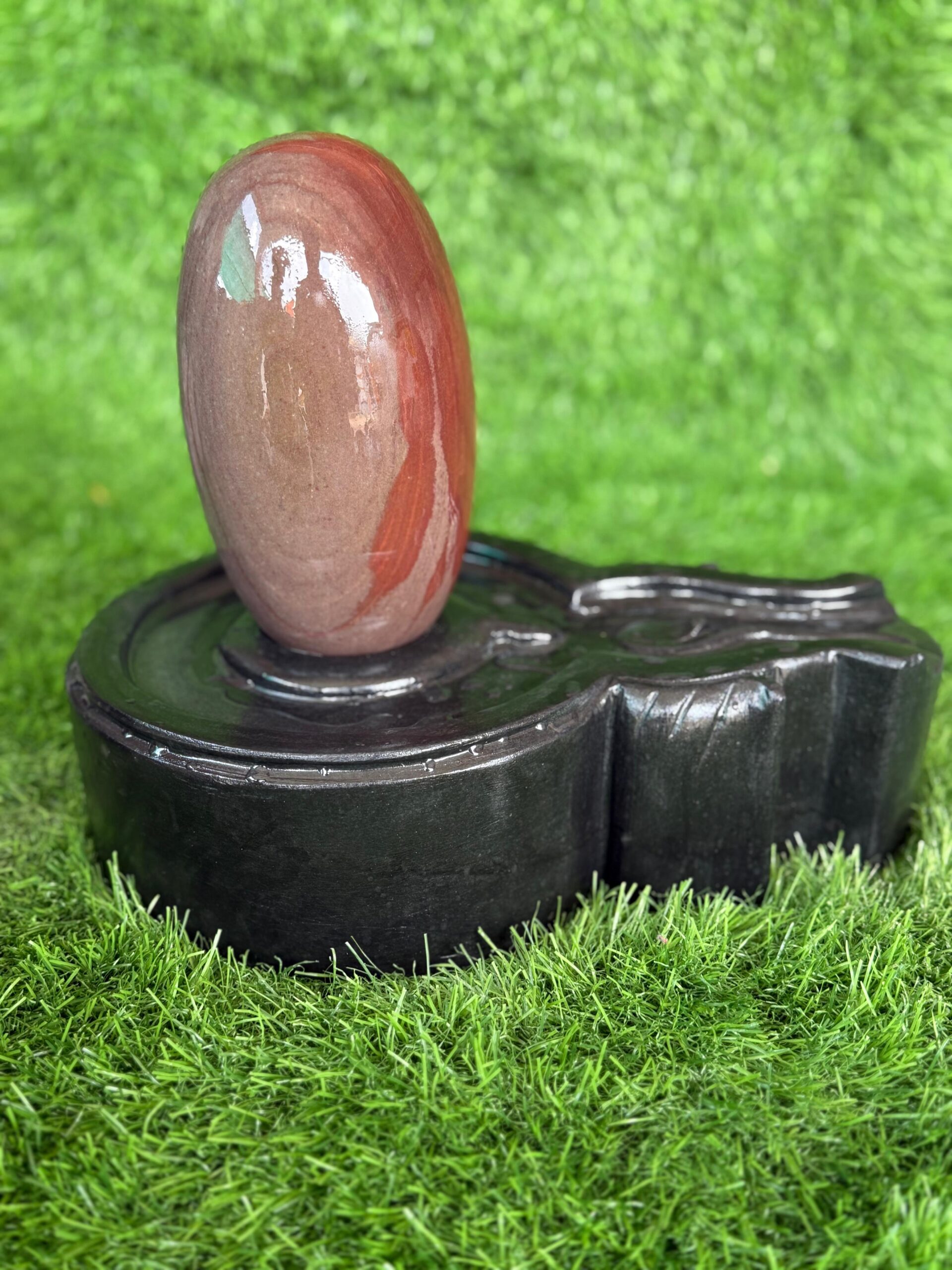 6” Dual Shade Red Brown Narmadeshwar Shivling with 12” Premium Black Jaladhari Base – Natural Sacred Stone