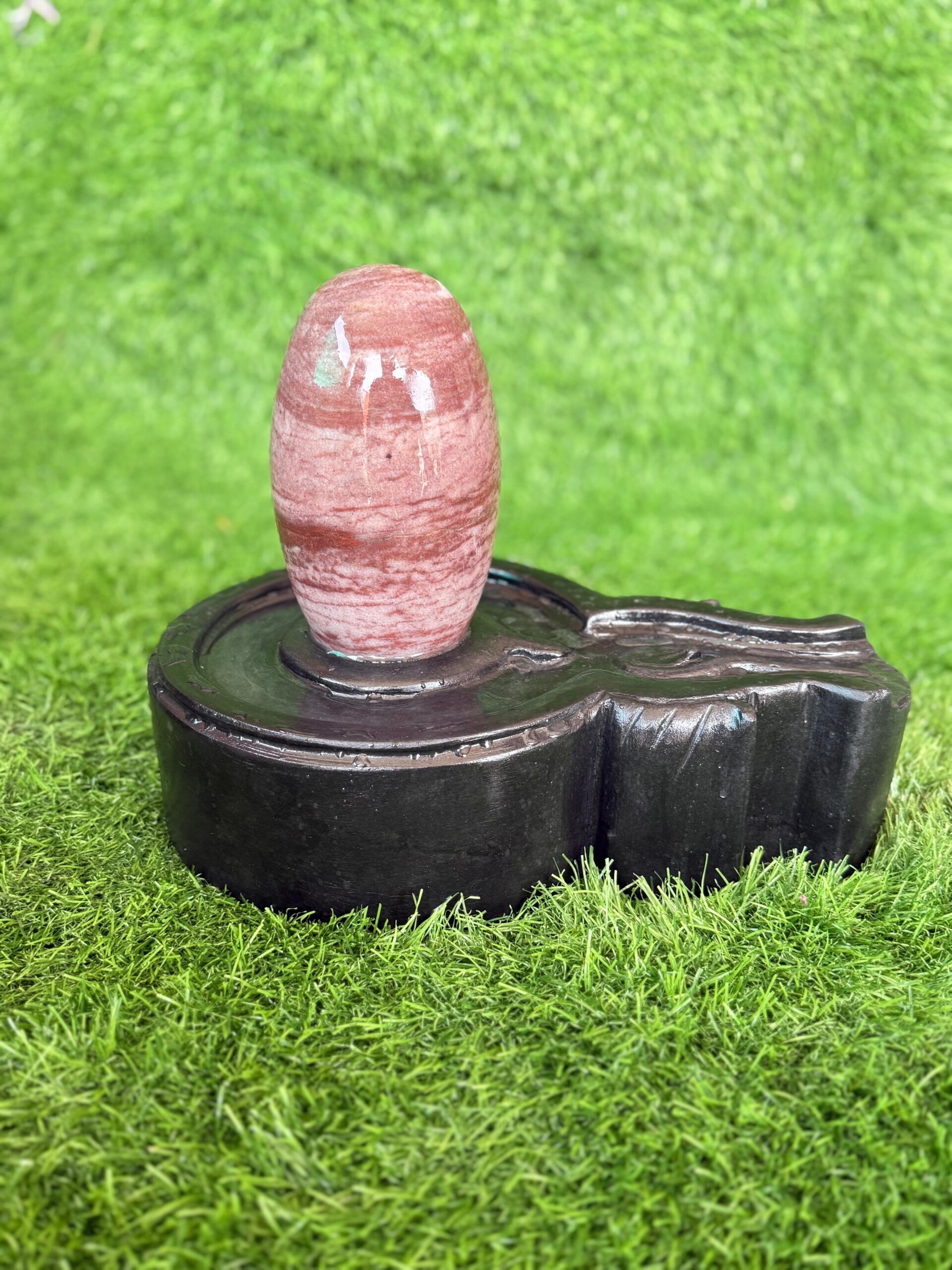 6” Pink Pattern Narmadeshwar Shivling with 12” Premium Black Jaladhari Base – Natural Sacred Stone