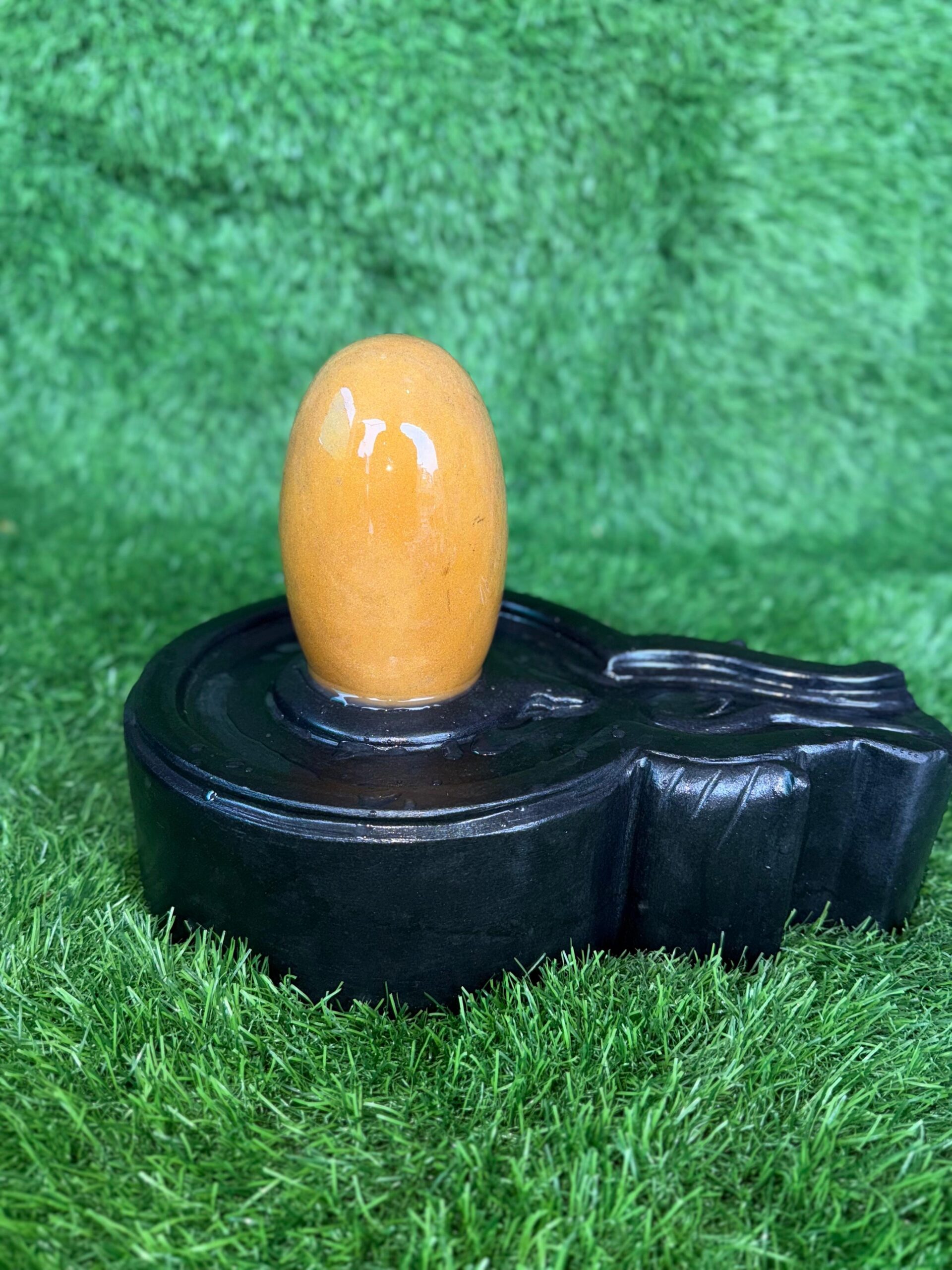 6” Golden Yellow Narmadeshwar Shivling with 12” Premium Black Jaladhari Base – Sacred Handmade Stone Shivling