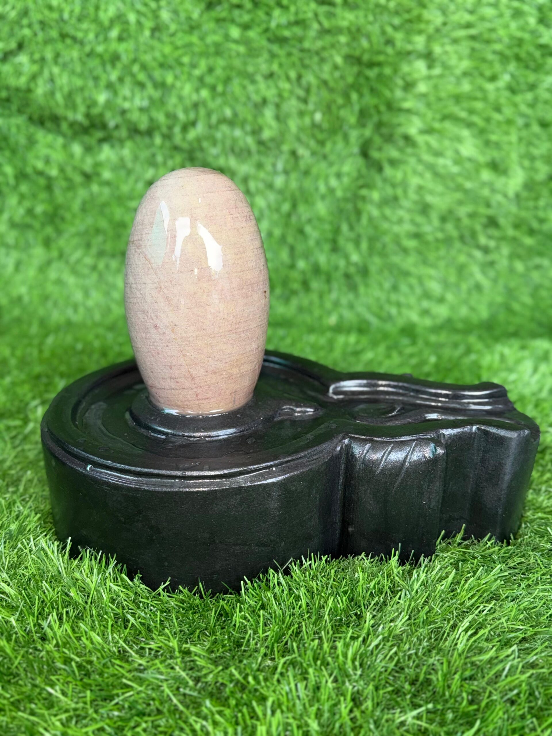 6” Premium Beige Narmadeshwar Shivling with 12” Black Jaladhari Base – Sacred Handmade Stone Shivling