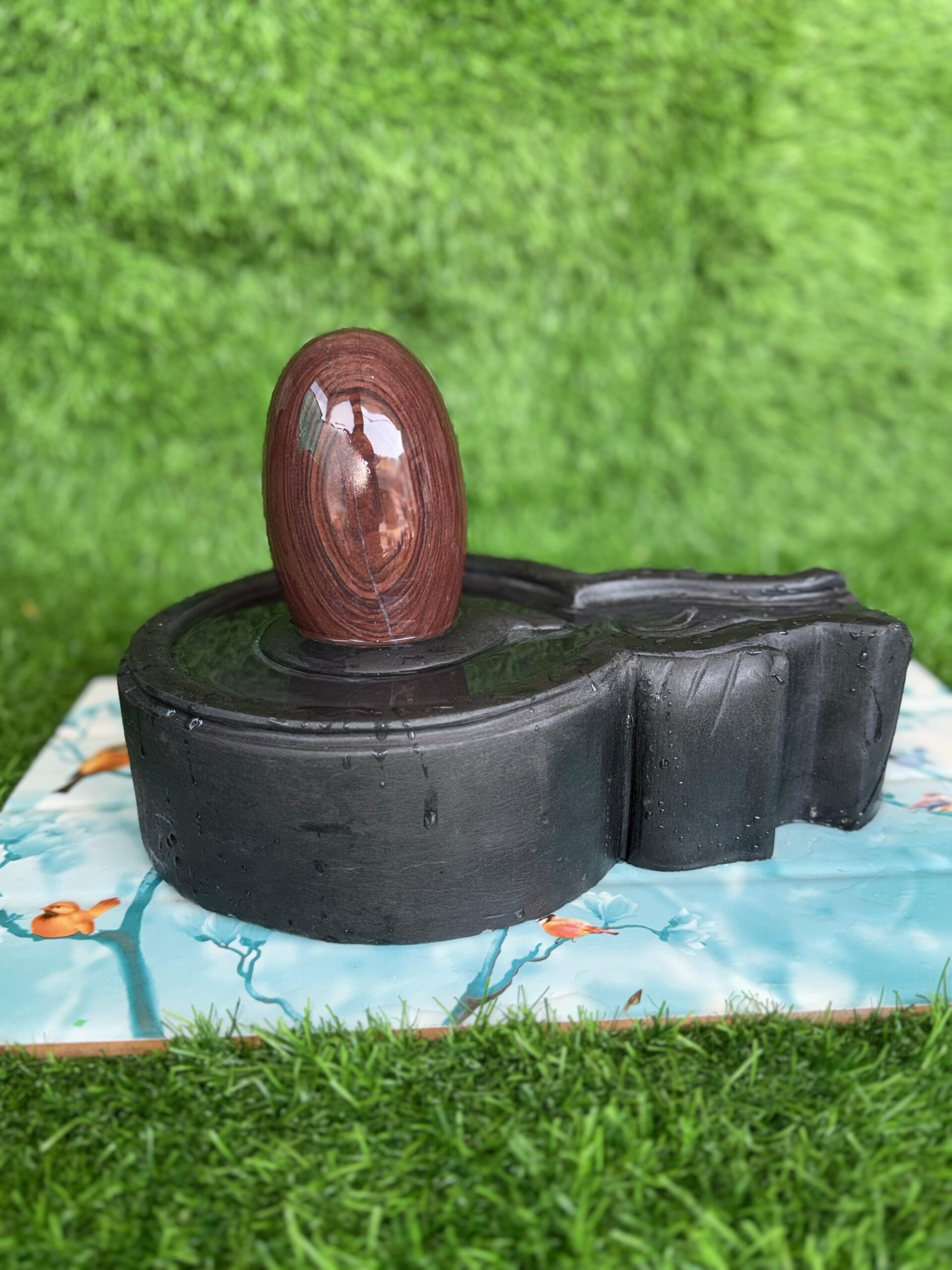 6” Premium Ring Pattern Narmadeshwar Shivling with 12” Black Jaladhari Base – Sacred Stone Shivling for Home Temple