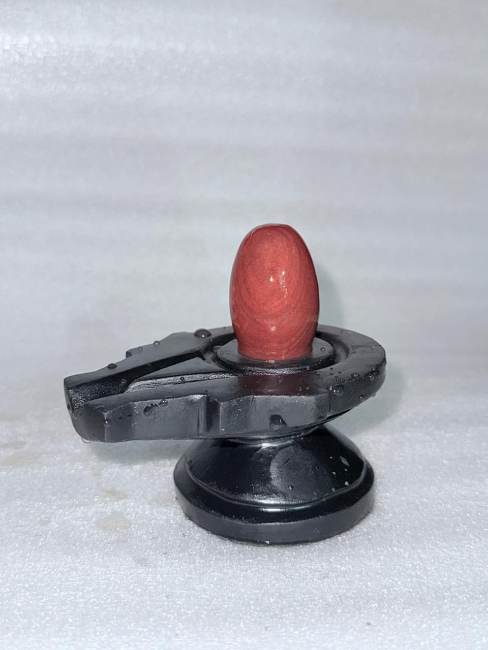 2” Premium Red Oval Narmadeshwar Shivling with 4” Black Jaladhari Base – Glossy Natural Stone Finish