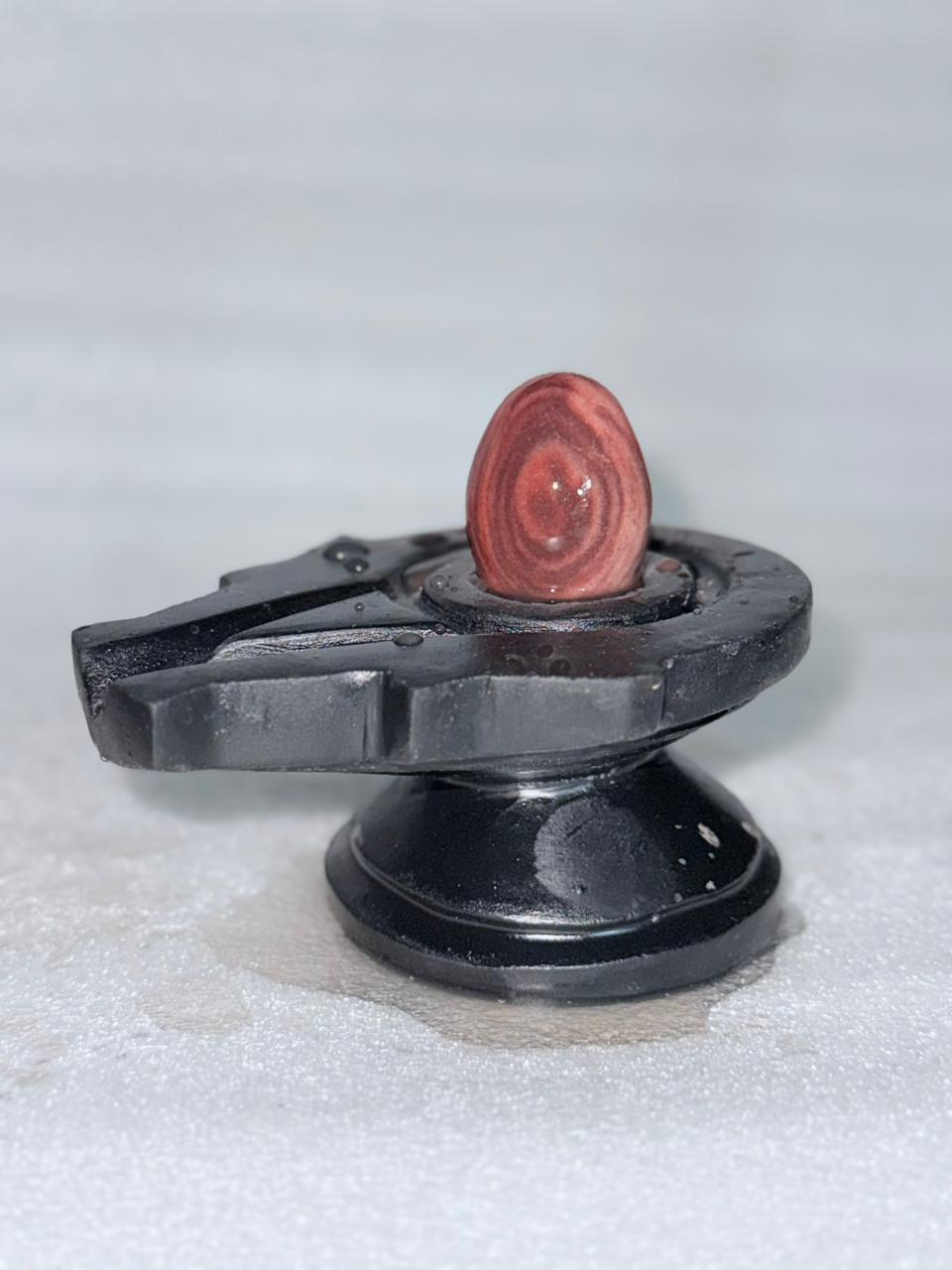 2” Premium Red Ring Narmadeshwar Shivling with 4” Black Jaladhari Base – Natural Circular Pattern Finish