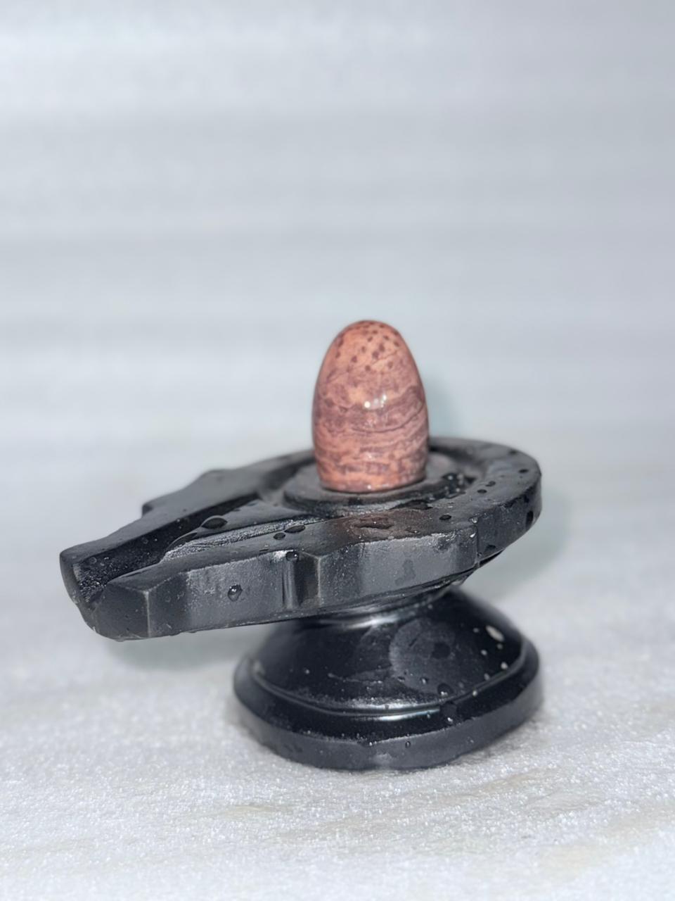 2” Mini Brown Narmadeshwar Shivling with 4” Black Jaladhari Base – Natural Stone Finish