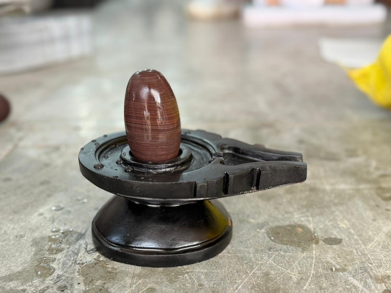 2” Original Brown Narmadeshwar Shivling with 4” Black Jaladhari Base – Natural Ring Pattern Finish